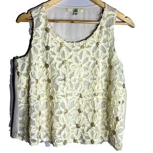 Ya Los Angeles Sleeveless Blouse Cream Flowers with Gold Sequin Center Size L